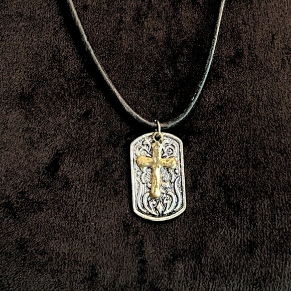 Vintage-Style Cross Necklace | Black Cord Pendant with Ornate Dog Tag | 22" + 2" - Picture 1 of 6